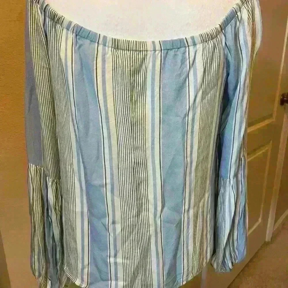 Blue and White Off the Shoulder Cuffed Sleeve Blouse
